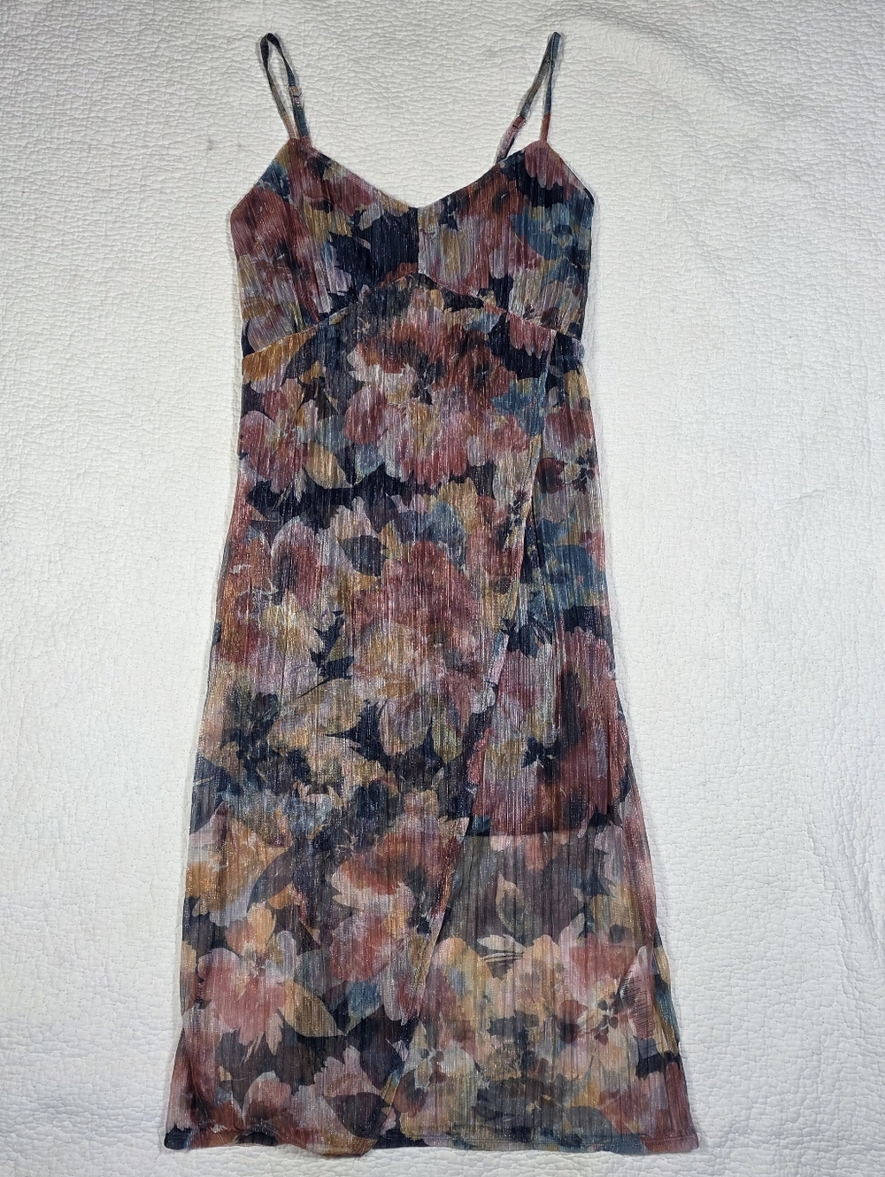 Charlotte Russe Navy Blue Pink Floral Faux Wrap Shimmer Sparkle Dress